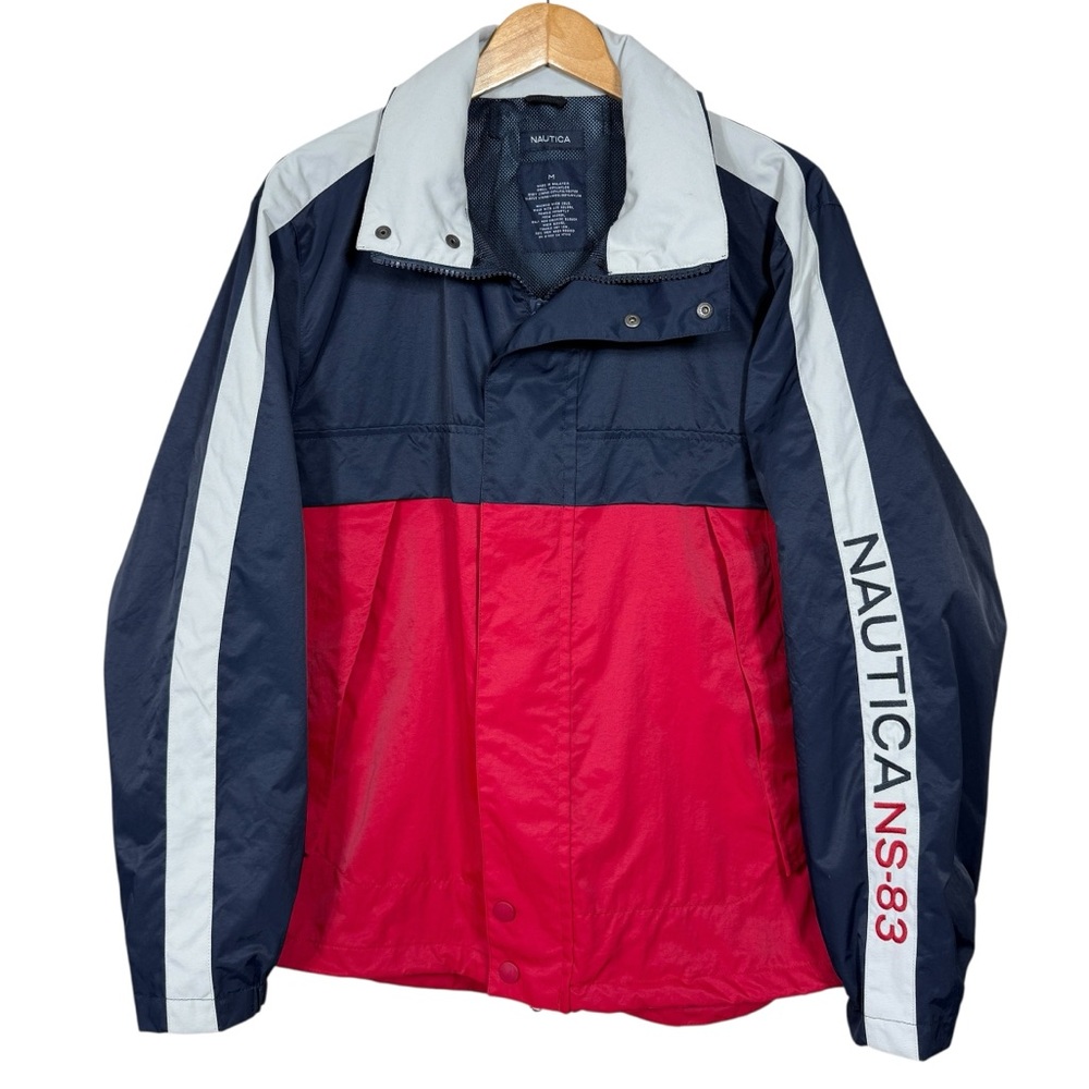 Vintage Nautica Red Blue NS-83 Color Block Tuck Hooded Full Zip Jacket Size M